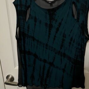 Rock & Republic Teal and Black Tie-Dye Sleeveless Top with Cutouts